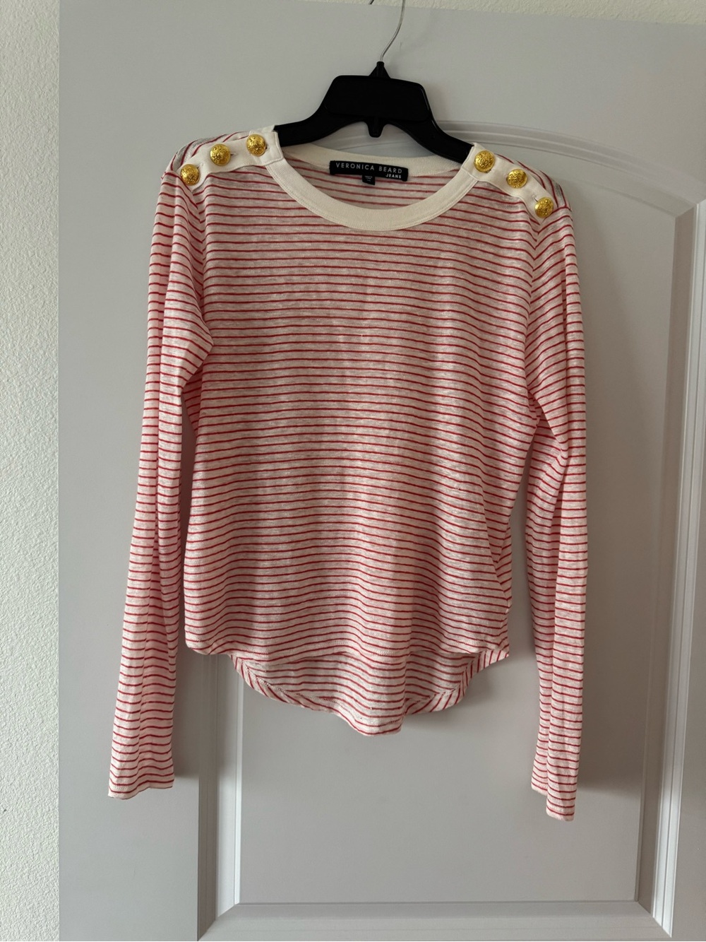 Veronica Beard 100% Linen Striped Gold Button Long Sleeve Tee Size XS